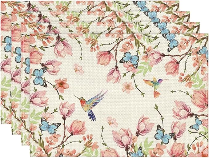 Artoid Mode Flowers Bird Butterfly Spring Placemats Set of 4, 12x18 Inch Seasonal Summer Table Mats for Party Kitchen Dining Decoration
