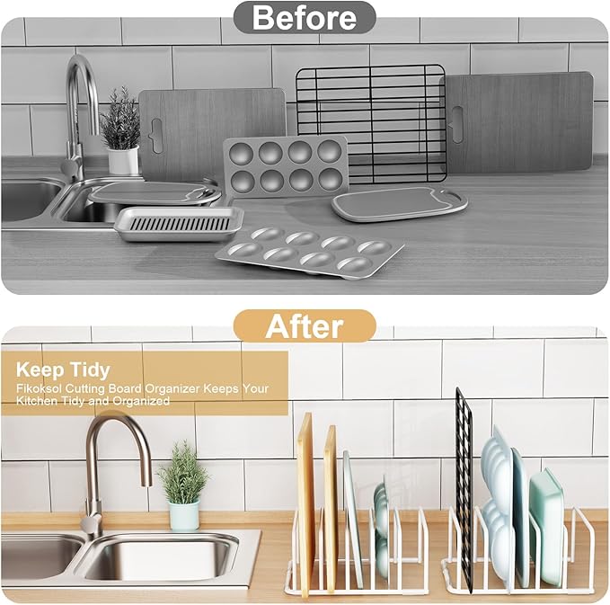 Fikoksol Cutting Board Organizer and Baking Sheet Rack, [2-Pack] White Heavy Duty Metal Cookie Sheet Organizer for Cutting Board Storage & Plate Holder for Cabinet, Tray Dividers for Cabinets