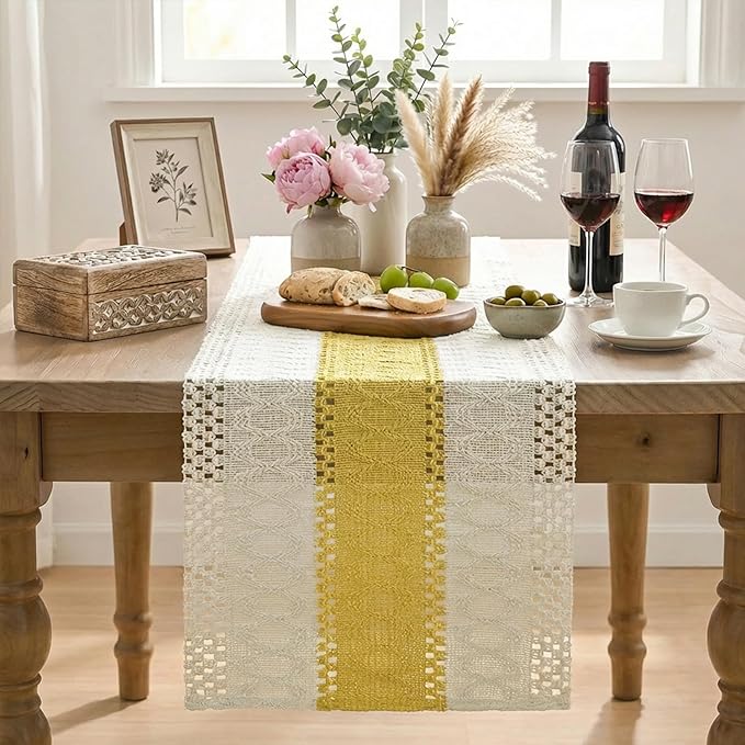 Artoid Mode Yellow Farmhouse Rustic Table Runner, Seasonal Holiday Hollow Kitchen Dining Table Decoration for Home Party Decor 12x60 Inch