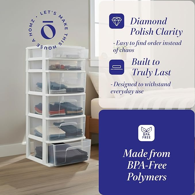 HOMZ 2-Pack Drawer Tower, 6-Tier Clear Plastic Storage Organizer Unit, White Frame - Multi-Purpose Container Drawers for Bedroom, Bathroom, and Office Organization