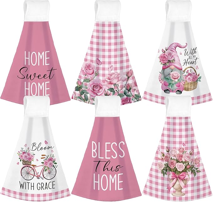 Tegeme 6 Pcs Hanging Kitchen Towels with Loop, Absorbent Hand Tie Towels Microfiber Decorative Fast Drying Kitchen Hanging Towel for Home Bathroom(Pink Rose)