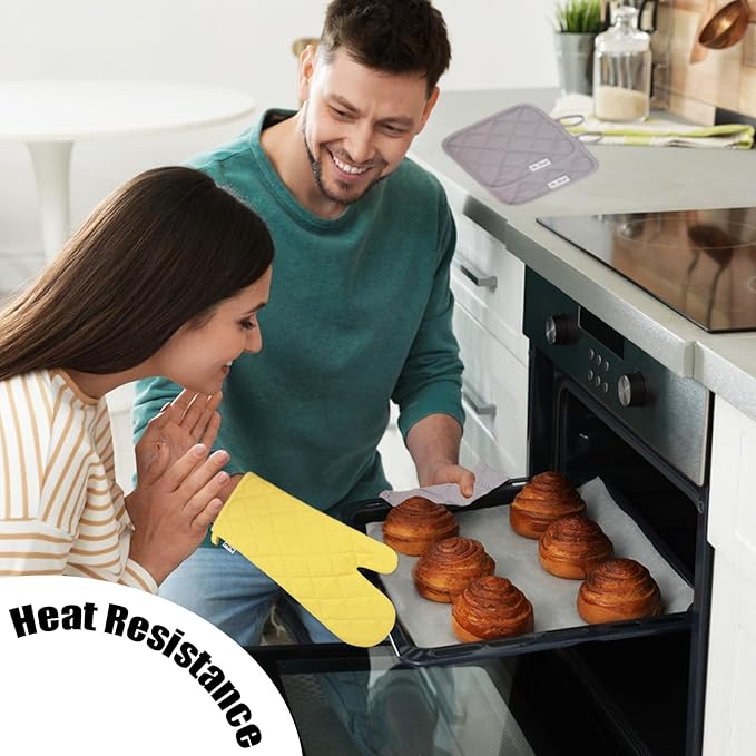 Oven Mitts and Pot Holders Sets,6 Pcs Oven Mitts and Potholders with Recycled Cotton High Heat Resistant Extra Thick Long Oven Mitts for Cooking(Yellow)