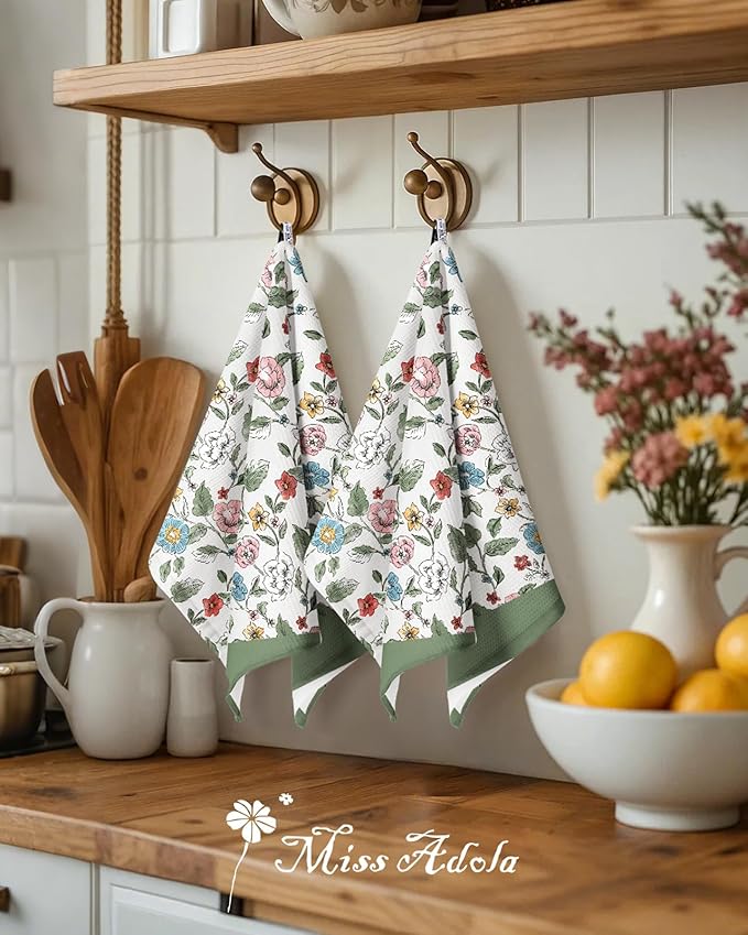 Miss Adola 2pcs Waffle Kitchen Towels - 16x26 Inch Cotton Waffle Weave Dish Cloths Set of 2 with Hanging Loop Absorbent Hand Tea Towels Elegant Design for Housewarming Gift, Vibrant Botanical