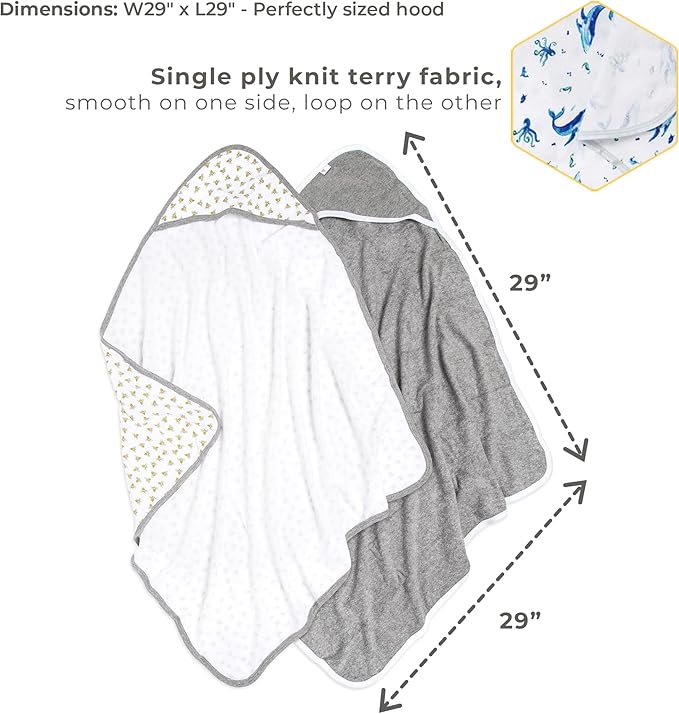 Burts Bees Baby Infant Hooded Towels Whale of a Tale Organic Cotton, Unisex Bath Essentials and Newborn Necessities, Soft Nursery Towel with Hood Set, 2-Pack Size 29 x 29 Inch