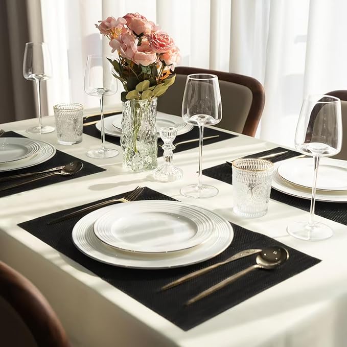 Placemats Set of 12 Vinyl/Plastic Woven Place Mats for Kitchen Table Indoor/Outdoor Washable Placemat Wipeable Dining Table Mats (Full Black,12)
