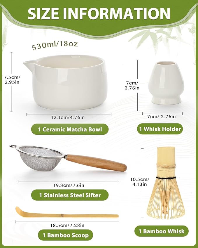 20OZ Matcha Whisk Set - 5PCS Matcha Kit Includes Ceramic Bowl with Spout, Bamboo Whisk with Holder, Bamboo Scoop and Sifter, Matcha Set for Ceremony, Gift for Matcha Lovers (White)