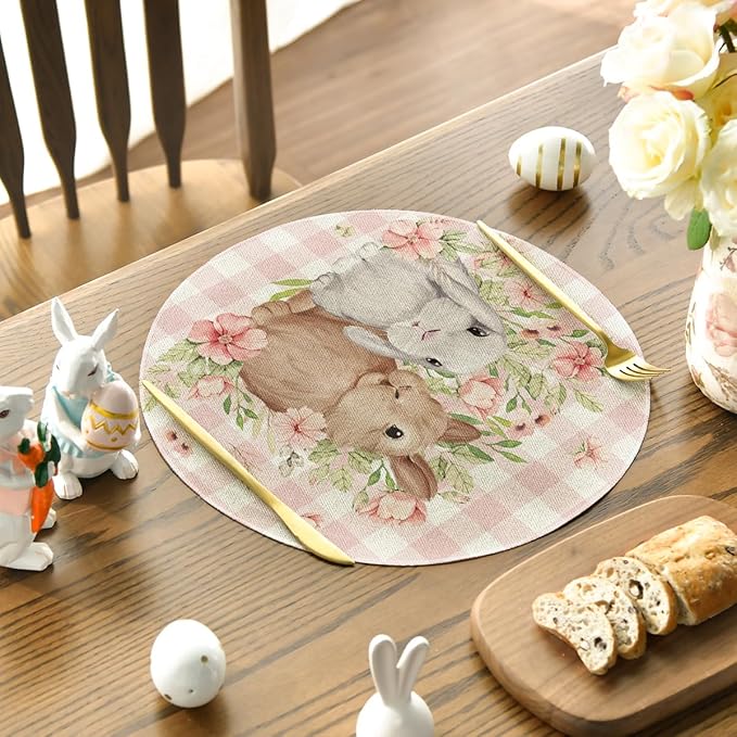 Artoid Mode Easter Round Placemats Set of 4, 14 Inch Buffalo Plaid Bunnys Flowers Spring Round Table Mats for Easter Party Dining Decoration
