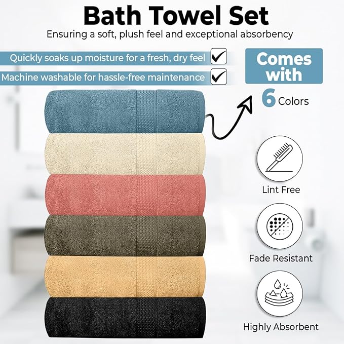 QUBA LINEN Hotel & Spa 100% Cotton Bath Towels Pack of 6, Ultra Soft, Quick Dry, Lightweight, Highly Absorbent, Perfect for Shower, Spa, Gym, Pool, Hotel, Resort & Daily Use (Multi-Color - 24" x 48")