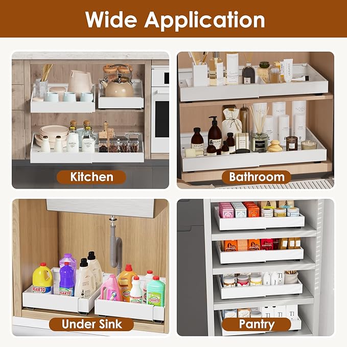 1 Pack Expandable Pull Out Cabinet Organizer 16.5" Deep, Adjustable Width 12.6"-20.5", No Drill Adhesive with Triple Track Rails, Heavy Duty Slide Out Drawers for Kitchen,Pantry,Cabinets,White