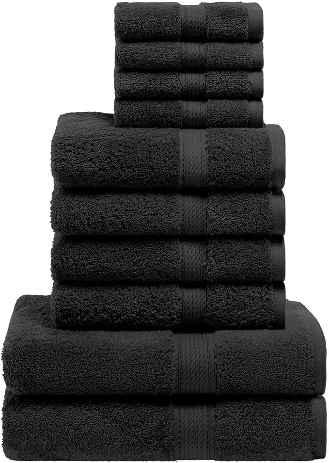 Superior Egyptian Cotton Pile 10 Piece Towel Set, Includes 2 Bath, 4 Hand, 4 Face Towels/ Washcloths, Ultra Soft Luxury Towels, Thick Plush Essentials, Guest Bath, Spa, Hotel Bathroom, Black
