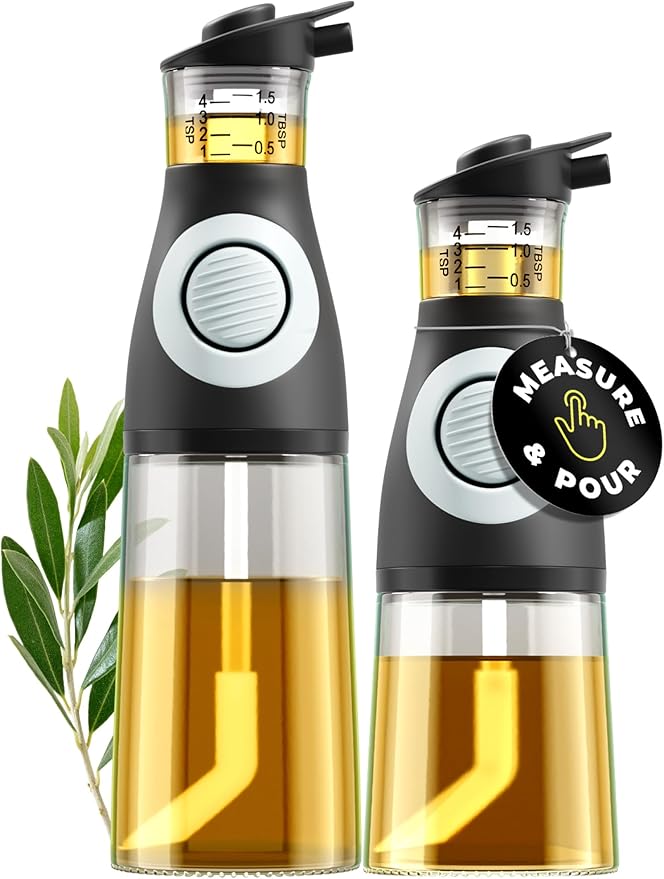 Oil and Vinegar Dispenser Set - Glass Olive Oil Cruet Bottles with Measuring Cup - Non-Drip Kitchen Dispenser for Cooking, Salad Dressing, and Meal Prep - 2 Dishwasher-Safe Containers