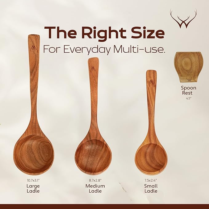 4Pcs Wooden Ladle Set – Teak Wood Soup Spoons with Hook Handles for Cooking, Serving, Stirring – Non-Stick Wooden Spoons for Pot & Bowl Use