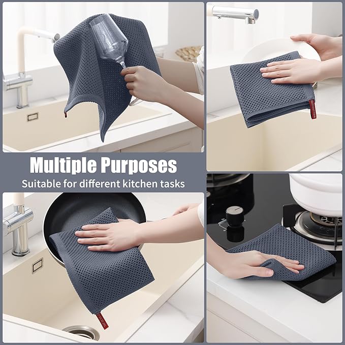 Kitinjoy 100% Cotton Kitchen Towels and Dishcloths Set, 12 Pack-13" x 28" and 12" x 12" Waffle Weave Dish Towels, Ultra Soft Absorbent Quick Drying Dish Rags, Dark Grey