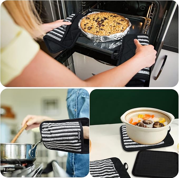 Alselo Silicone Pot Holders Set of 3 Heat Resistant & Non Slip Potholders, Professional Oven Hot Pads with Pockets Mitts for Kitchen Cooking Baking Barbecue (3, Black)