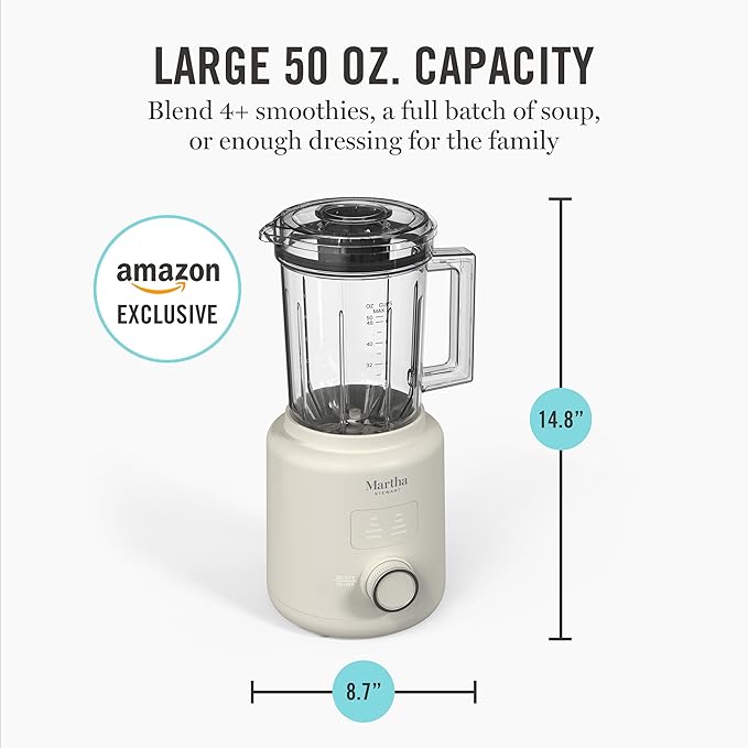 Martha Stewart Countertop Blender, 50oz Jar, 6 Stainless Steel Blades 3 Speeds & 5 Presets, Auto Clean, Smoothies, Crush Ice, Shakes, Chop, Margarita, Measurement Markings, 700W, Linen Cream