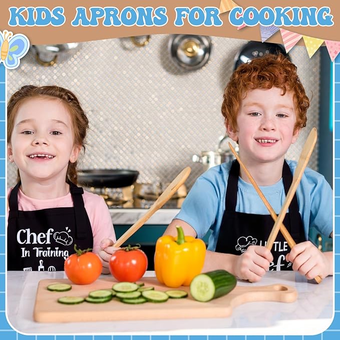 2 Pack Kids Apron and Chef Hat Adjustable Kitchen Cooking Apron with Pockets Kids Funny Apron for Girls Boys