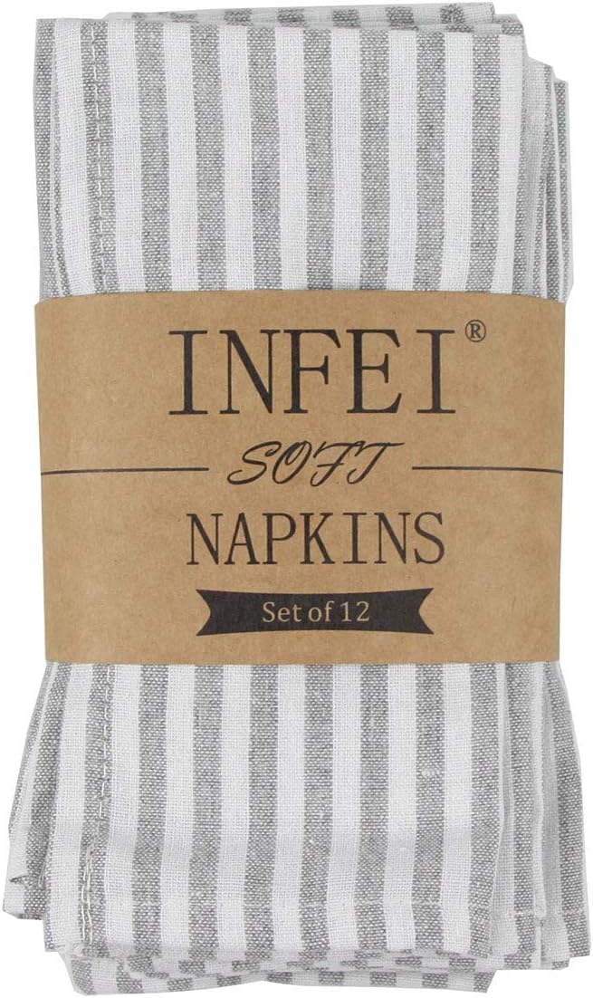 Plain Striped Cotton Linen Blended Dinner Cloth Napkins - Set of 12 (40 x 30 cm) - for Events & Home Use (Grey)
