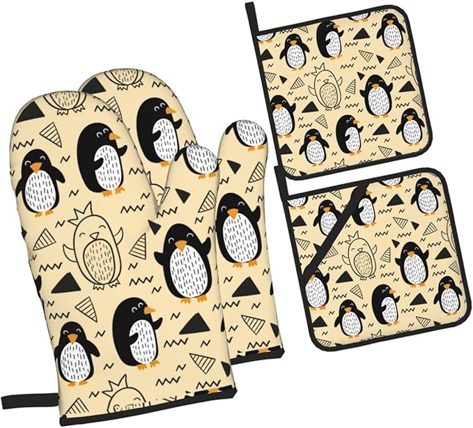 Cute Penguin Oven Mitts and Pot Holders Sets Kitchen Oven Gloves BBQ Gloves Pot Holders for Cooking Baking