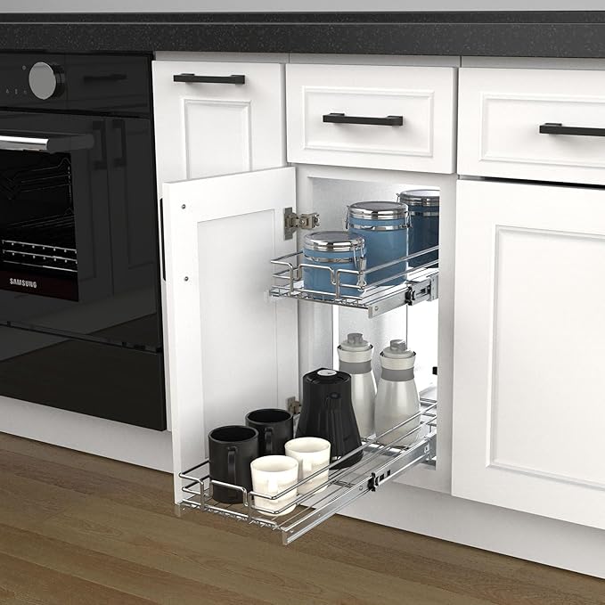 2 Tier Pull Out Cabinet Organizer, 9" W x 21" D Heavy-Duty Metal Sliding Drawer Shelf for Kitchen Cabinets, Chrome, Doesn't Include Door Fittings