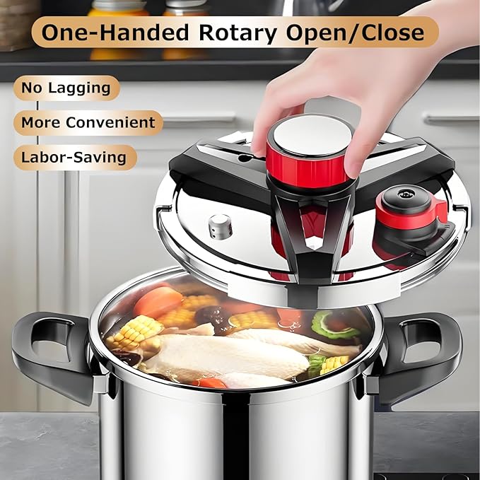 Pressure Cooker 10 QT,18/8 Stainless Steel Pressure Cooker,Olla De Presion,10/15 PSI Settings,One-Hand Locking,Compatibility Gas and Induction Cooktops, Glass Lid included