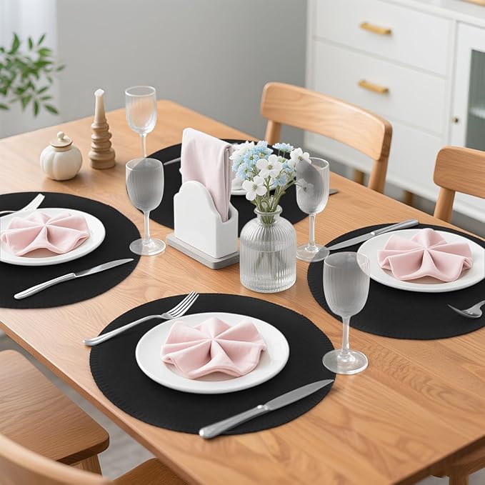 Round Placemats Set of 6, 15 Inch Linen Fabric Table Placemats, Heat Resistant, Wrinkle Free Washable Placemats Kitchen Place Mats Set of 6 for Dining Table Party Table (Black, 6)