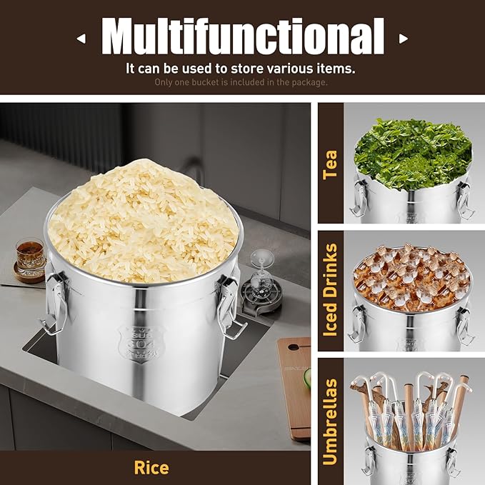 8.7Gal Stainless Steel Canister with Airtight Lid 40-50Lbs Flour Storage Containers for Kitchen Metal Rice Bucket Coffee Canister Dog Food Container Milk Can w/Handles & Sealing Buckles (33L)