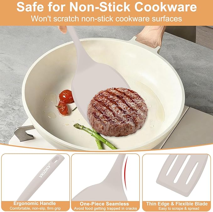 Silicone Spatula Turner Set, 4 Pack, 600°F Heat Resistant Cooking Spatulas, Spoons, BPA Free & Non-Stick Kitchen Utensils, Ideal for Flipping Egg, Pancake, and Serving, Dishwasher Safe (Khaki)
