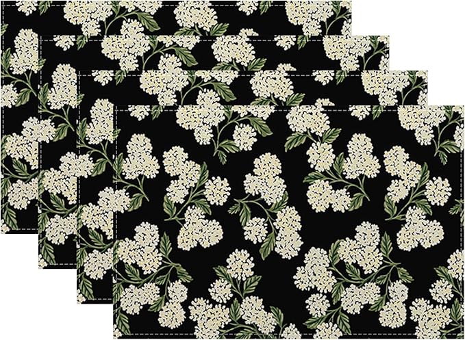 Black Placemats Set of 4 Green Hydrangea Flower Decor Place Mats 12x18 Inch Vintage Floral Spring Summer Seasonal Decorative Linen Table Mats for Kitchen Dining Party Table Decoration