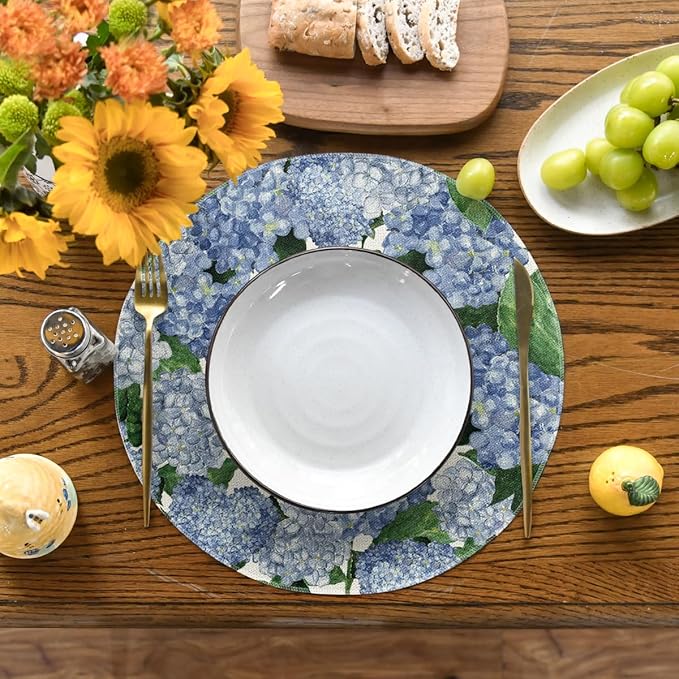 Artoid Mode Watercolor Hydrangea Summer Round Placemats Set of 4, 14 Inch Summer Round Table Mats for Dining Decoration