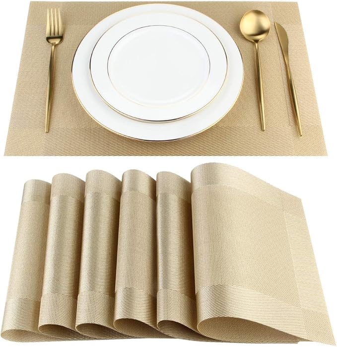 DACHUI Placemats Set of 8, Stylish Woven Place Mats for Dining Table, Washable & Durable PVC Table Mats (Gold)