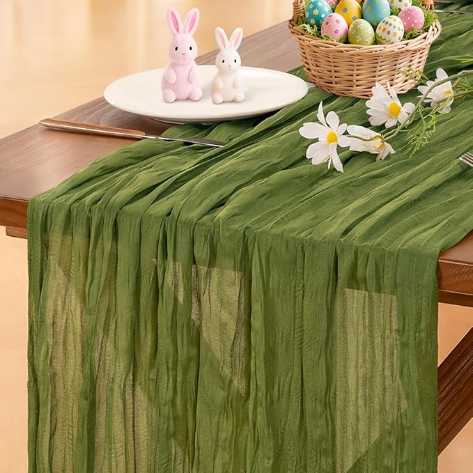 Socomi Campsite Green Easter Spring Cheesecloth Table Runner Boho Rustic Gauze 120 inch 10FT Cheese Cloth Runner for Wedding Party Baby Shower Birthday Home Decor Holiday Decorations