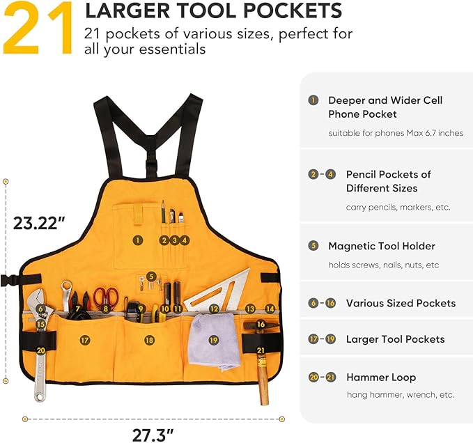 Work Tool Apron for Men and Women, Torso Length with 21 Tool Pockets, Durable Canvas Apron, DIY Enthusiasts, Gifts for Men Dad Father(Orange)