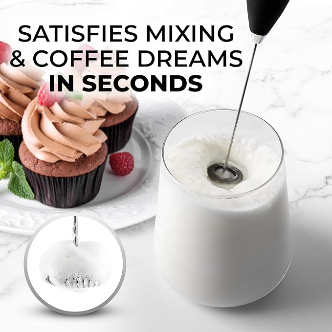 Zulay Kitchen Milk Frother Handheld Electric Whisk – Frother Wand, Durable Drink Mixer, Stainless Steel Whisk, Coffee Frother, Hand Blender, Frother for Protein Powder, Lattes, Matcha & More - Black