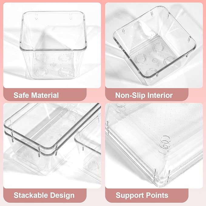 25-Piece Clear Plastic Drawer Organizer Set with 4 Sizes - Compartment Storage Bins, Drawer Dividers for Home, Office, Makeup, Jewelry, Gadgets, Kitchen and Bathroom Organization