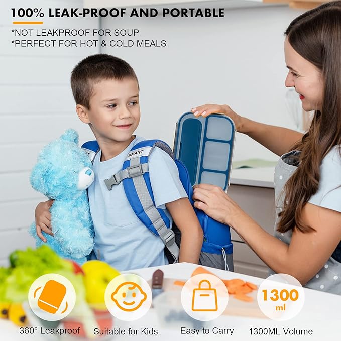 Yumuk Bento Box, Lunch Box Kids, 1300ML Adult with 4 Compartment &Food Picks &Cake Cups, Containers for Adults/Kids/Toddler, Leak-Proof, Microwave/Dishwasher/Freezer Safe(Blue)