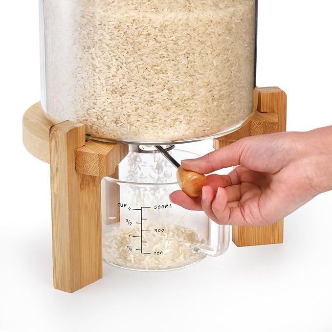 Tlence 5L Glass Rice Dispenser, Cereal Container with Bamboo Stand, Large Airtight Food Storage Bin, Rice Organization Tank with Measuring Cup for Grain Coffee Beans Dry Food