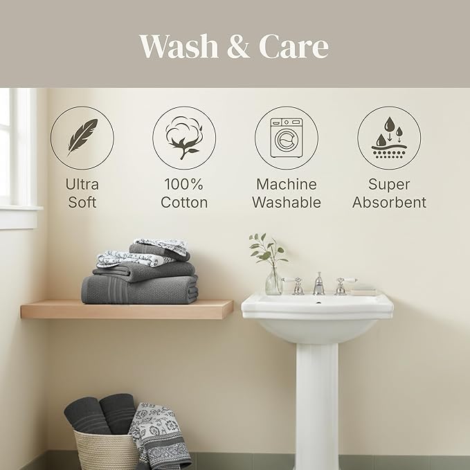 Modern Threads Floral Trail 6-Piece 100% Cotton Towel Set – Reversible Yarn Dyed Jacquard – Includes 2 Bath Towels, 2 Hand Towels, 2 Washcloths – Absorbent, Quick Dry, Soft & Durable – Gray