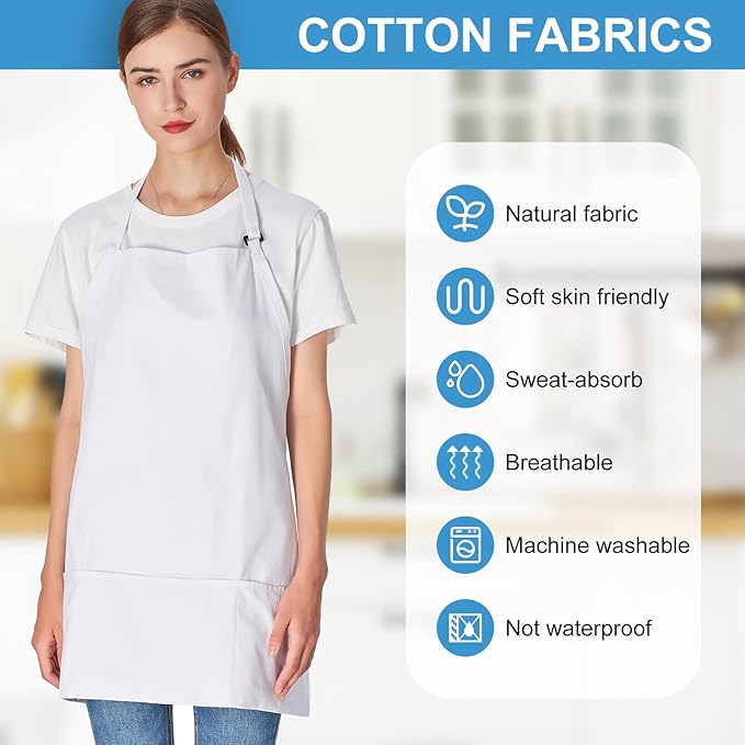 Jubatus 2 Pack 3 Pockets 100% Cotton Adjustable Bib Apron Chef Kitchen Cooking Aprons for Women Men, White