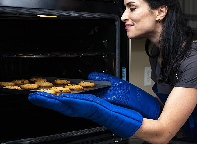 Xlnt Extra Long Oven Mitts (Blue) | Teflon EcoElite Water Repellent | Heat Resistant for Oven Cooking, Grill & BBQ | Non Slip Gloves with Teflon EcoElite Finish, Cotton Lining & Hanging Loop