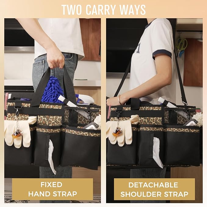 SCAVATA Wearable Cleaning Caddy, Cleaning Caddy Supplies Organizer with Handle & Shoulder Straps for Housekeepers, Under Sink & Car Cleaning Tool Organizers Bag with 4 Foldable Divider (Leopard)