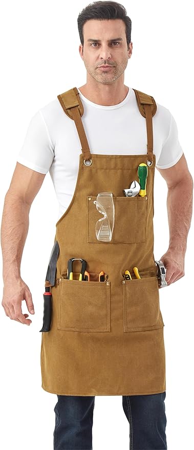 Nanxson Woodworking Apron for Men,Canvas Work Tool Apron Cross Back with Multi-Pockets Waterproof for Carpenter Woodworker