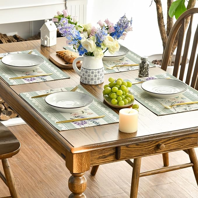 Artoid Mode Green Printed Lace Floral Spring Placemats Set of 4, 12x18 Inch Seasonal Summer Holiday Table Mats for Party Kitchen Dining Decoration