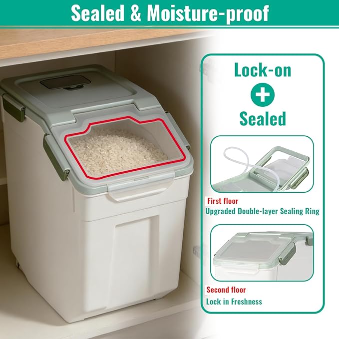2 Pack Rice Container 25 lbs Large Bulk Flour Sugar Storage Holdhouse Plastic Grain Cereal Dry Goods Bin with Spoon and Measuring Cup for Kitchen Pantry Organization - Green