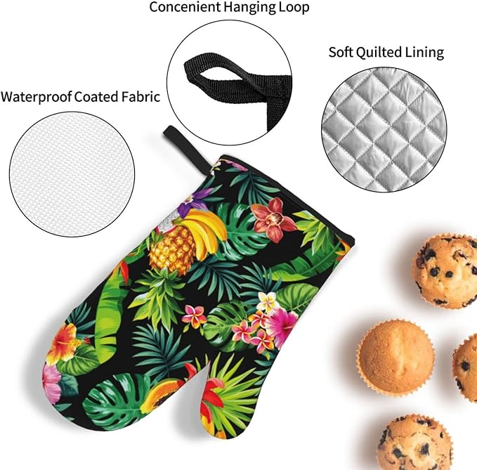 Tropical Fruit Pineapple, Palm Leaves and Flowers Oven Mitts and Potholders Professional Heat Resistant Cotton Oven Mitts Kitchen Gloves 4 Piece Set