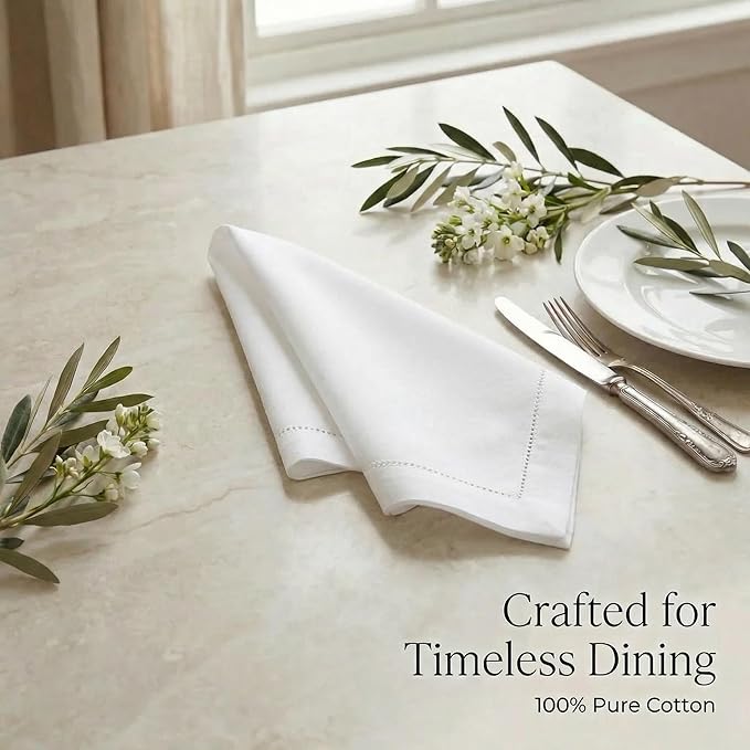 Urban Villa Cloth Napkins White Hemstitch Dinner Napkins Set of 12 (20X20)100% Cotton Absorbent Washable Durable Reusable Ideal for Easter Decorations Farmhouse Parties Restaurant Lunch Dinner Napkins