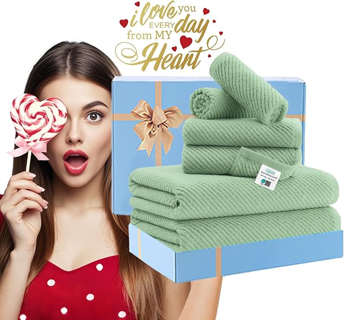 VOOVA & MOVAS Green Towels for Bathroom - 100% Cotton | Quick Dry | Lightweight | Thick | Soft, 6 Piece Towel Set, 2 Large Bath 30"x56", 2 Hand 18"x28", 2 Wash Cloths 13"x13", Towel Gift Set, Mint