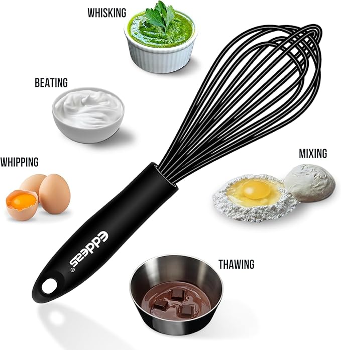 Eddeas Silicone Whisk - Non Scratch Whisks for Cooking, 500°F Heat Resistant Siliocne Wisk tool, Heavy Duty Kitchen Whisks, for Blending, Beating, set of 4 (5+7+9+11 inch) Black