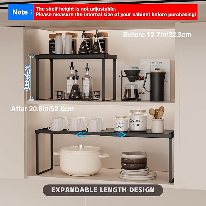 Magheo Expandable Cabinet Shelf Organizer, 1 Pack Stackable Kitchen Counter Shelf Riser, Metal Spice Rack Adjustable Heavy Duty Countertop Organizer Storage for Kitchen, Pantry, Cupboard, Rv (Black)