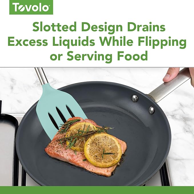Tovolo Slotted Silicone Spatula Turner Slotted Stainless Steel Handle 10” Aqua Seafoam Green Heat Resistant Non Toxic BPA Free Kitchen Utensil, Silicone Egg Pancake Flipper Metal Handle for Cooking