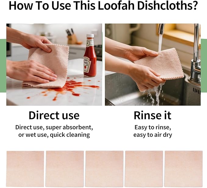 5 Pack Swedish Dishcloths for Kitchen, 100% Compostable Loofah & Plant Fiber Swedish Dish Cloths, Reusable Cleaning Cloths, Super Absorbent, Non-Stick Oil, Fast Dry(7.87x7.87in)